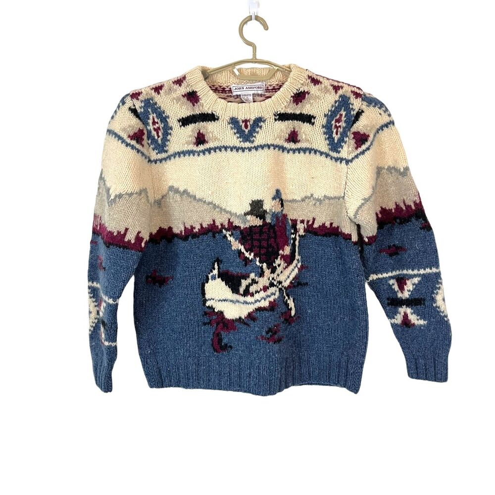 Canoe Boating Scene Sweater Wool Grandpa Dad John Ashford Mountain Size M Retro